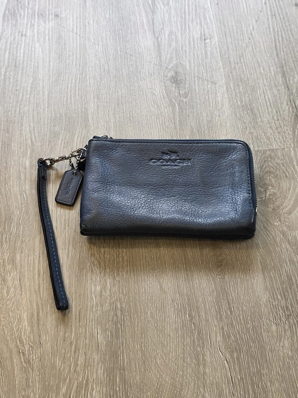 COACH Double Zip Corner Wristlet Clutch Wallet Pebbled Blue Leather F64130